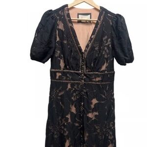 Anthropologie Black Lace Midi Dress Puff Sleeve V-Neck Size 4